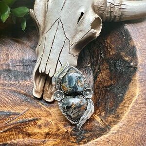 925 Sterling Silver Pietersite Double Heart Ring – Sz10 Feather/Floral Statement